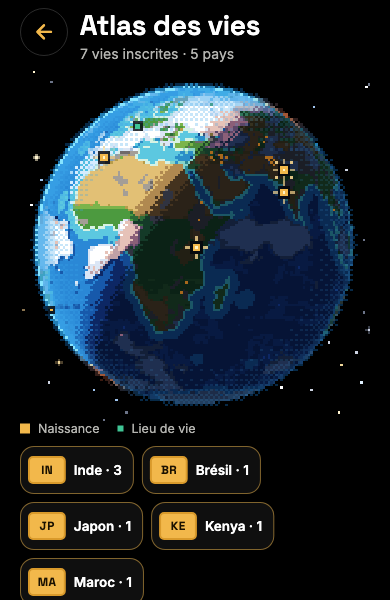 Capture de l’Atlas des vies : le globe avec les lieux de naissance de plusieurs vies et les pays visités.