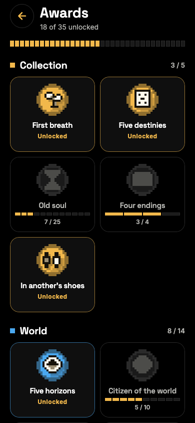 Screenshot of the Awards screen: pixel art medals, some unlocked, others greyed out.