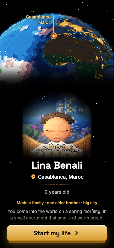 Screenshot of the birth screen: the globe, the birth city, the character’s name and family.