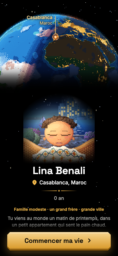 Capture de l’écran de naissance : le globe, la ville de naissance, le nom du personnage et sa famille.