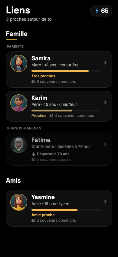 Capture de l’écran Liens : parents, fratrie, grands-parents et amis du personnage.
