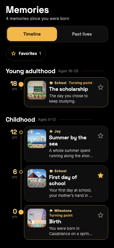 Screenshot of the Memories screen: the life timeline, from childhood to youth.