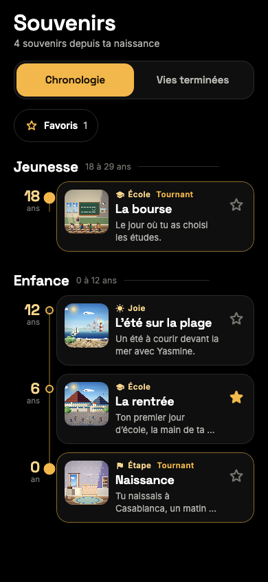 Capture de l’écran Souvenirs : la chronologie de la vie, de l’enfance à la jeunesse.