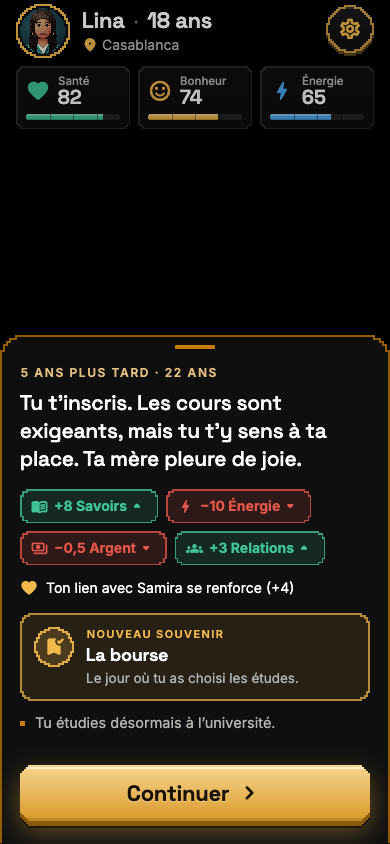 Capture des conséquences d’un choix : gains et pertes, lien renforcé, nouveau souvenir.