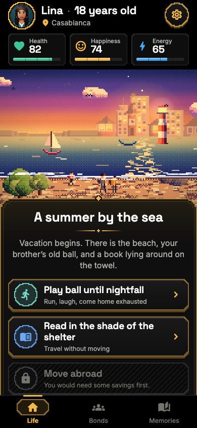 Screenshot of a scene: a summer by the sea, with three choices, one of them locked.