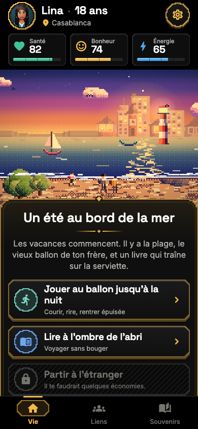Capture d’une scène : un été au bord de la mer, avec trois choix dont un verrouillé.