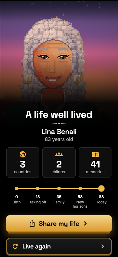 Screenshot of a life summary: portrait, number of countries, children and memories, a timeline of ages.