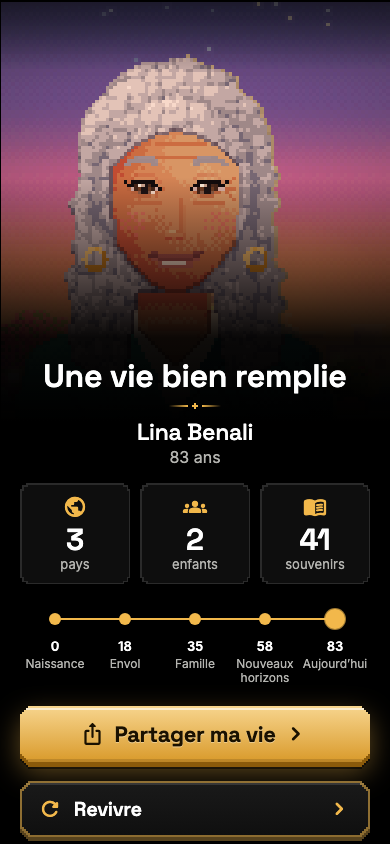 Capture du bilan d’une vie : portrait, nombre de pays, d’enfants et de souvenirs, frise des âges.