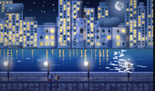 Pixel art illustration: a waterfront at night, facing a city with lit windows.